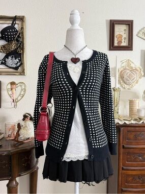 preppy twee girly grunge mod style black and white polkadot cardigan